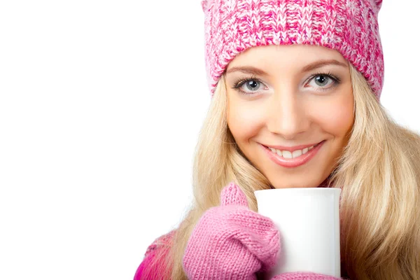 Vrouw bedrijf kopje drank Stockfoto