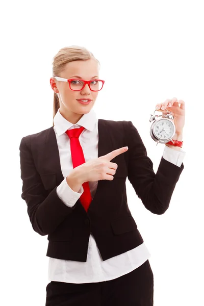 Kadın holding çalar saat — Stok fotoğraf