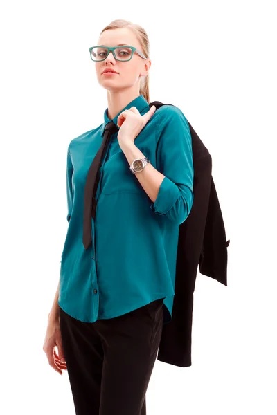 Seriously businesswoman holding jacket — Stock Photo, Image