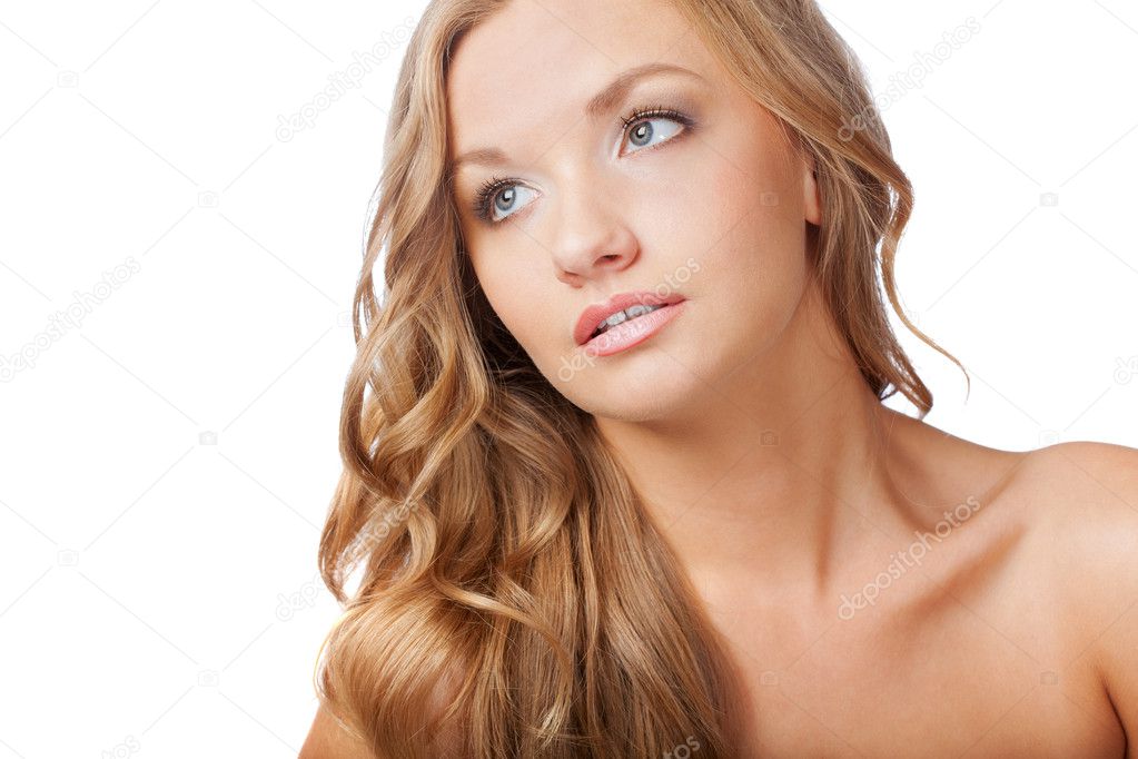 Blonde woman with curly hairs