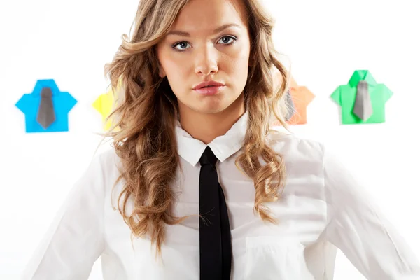 Woman and origami shirts — Stock Photo, Image