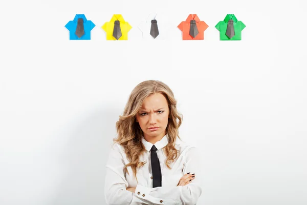 Woman and origami shirts — Stok fotoğraf