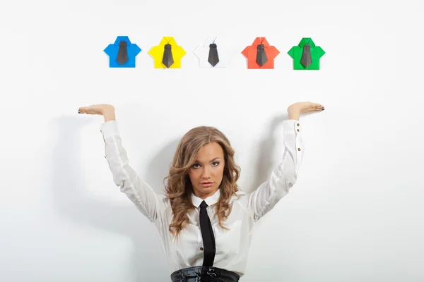 Woman and origami shirts — Stockfoto