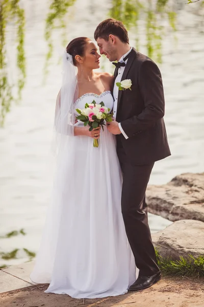 Bruidspaar staande in de buurt van lake — Stockfoto