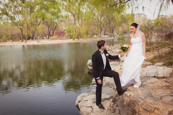 Sposa coppia in piedi vicino al lago — Foto Stock