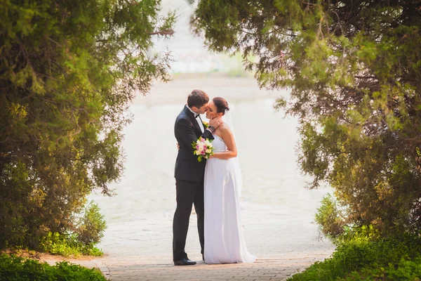 Gelin ve damat açık havada dikey — Stok fotoğraf