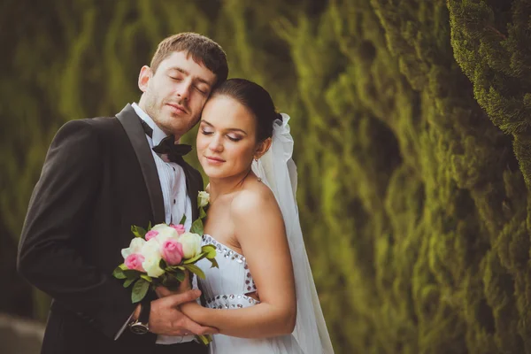 Sposa e sposo all'aperto ritratto — Foto Stock