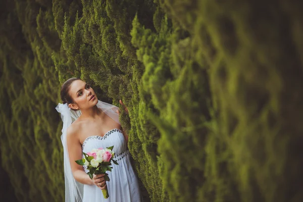 Retrato de noiva sobre árvores verdes ao ar livre — Fotografia de Stock