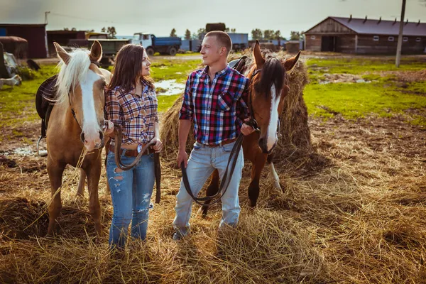 Coppia in piedi in azienda con cavalli — Foto Stock