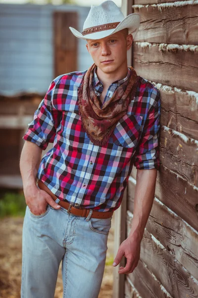 Cowboy estilo homem no estábulo — Fotografia de Stock