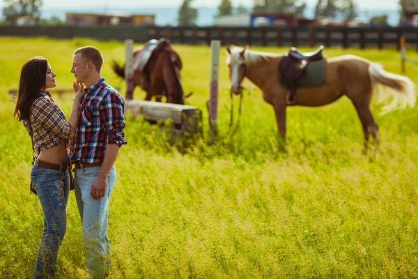 Casal em pé na fazenda com cavalos — Fotografia de Stock