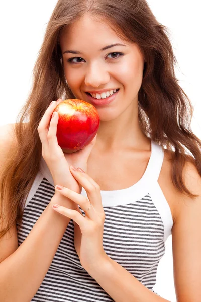 Närbild kvinna ansikte porträtt med äpple — Stockfoto