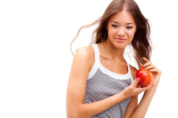 Retrato de cara de mujer de primer plano con manzana — Foto de Stock