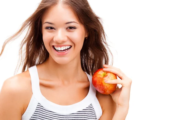 Närbild kvinna ansikte porträtt med äpple — Stockfoto