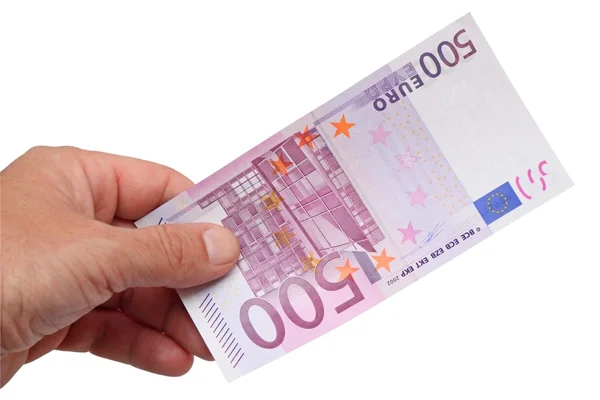 Banknote 500 euro in his hand — Stock Photo, Image