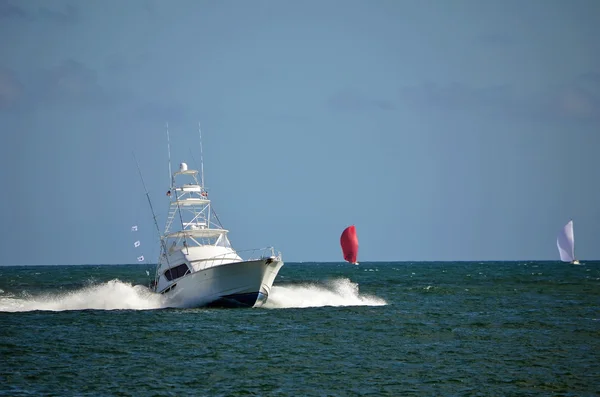 Sportovní rybářský člun rychlost zpět do přístavu — Stock fotografie