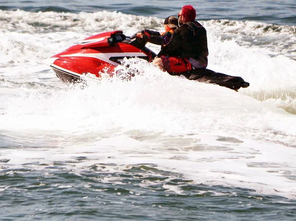 Father His Young Son Riding Tandem Rough Surf Speeding Jetski — Stock Photo, Image