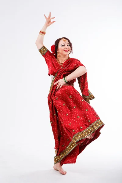 European girl in red indian saree — Stock Photo, Image