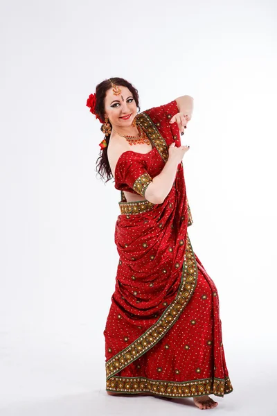 European girl in red indian saree — Stock Photo, Image