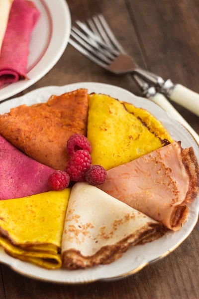 Multicolored Flat Pancakes Plate Decorated Raspberries Original Food Pancakes Maslyanitsa — Stock Photo, Image