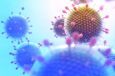 Paramyxovirus mumps , COVID pandemic, Close-up of virus under microscope. Realistic high quality medical 3d render. covid-19, coronavirus, gradient