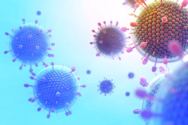 Paramyxovirus mumps , COVID pandemic, Close-up of virus under microscope. Realistic high quality medical 3d render. covid-19, coronavirus, gradient
