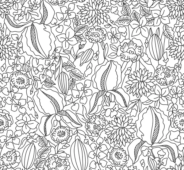 Bosquejo floral blanco y negro sin costuras — Vector de stock