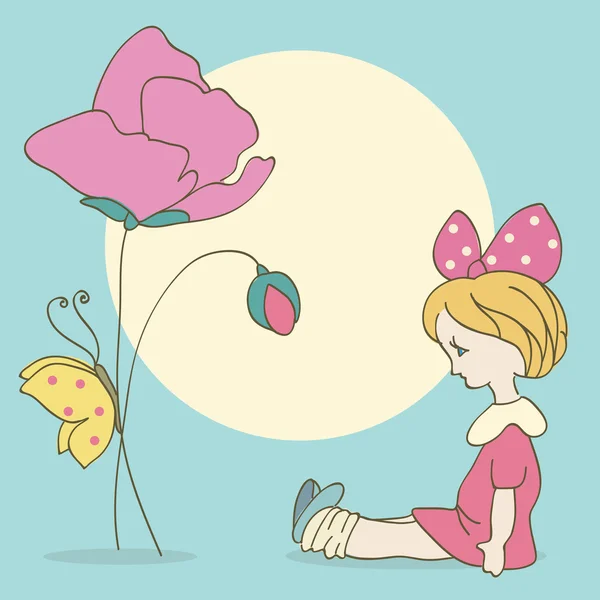 Fondo con niña y flores, mariposa — Archivo Imágenes Vectoriales