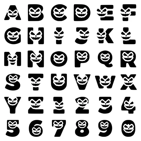 Conjunto Personagens Halloween Forma Letras Números Com Rosto Louco Vetor — Vetor de Stock