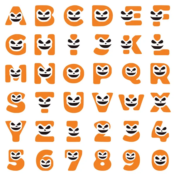 Een Set Halloween Karakters Vorm Van Letters Cijfers Met Een — Stockvector