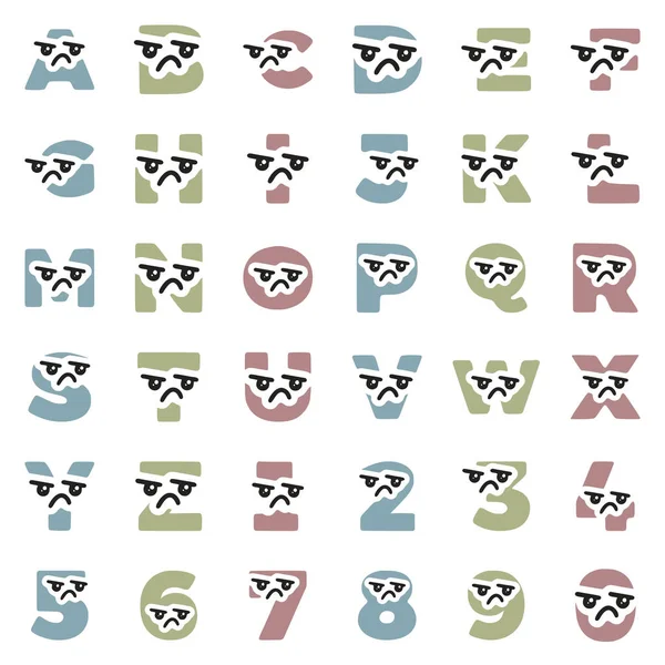 Conjunto Letras Números Bonitos Kawaii Personagens Com Rosto Triste Arte — Vetor de Stock