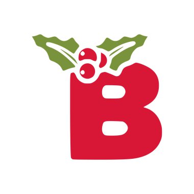 Ökse otlu kırmızı harf b, beyaz arkaplanda izole edilmiş Noel harfi vektör klipsi sanatı