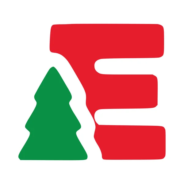 赤い文字Eとともにモミのベクトルクリップアート 白い背景に隔離されたクリスマスレタリング — ストックベクタ