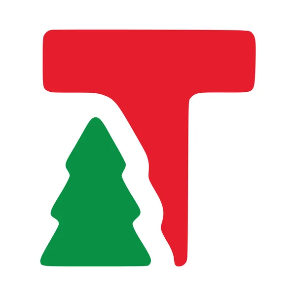 赤い文字Tとともにモミのベクトルクリップアート 白い背景に隔離されたクリスマスのレタリング — ストックベクタ