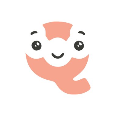 Q harfi şirin kawaii karakteri beyaz arkaplanda izole edilmiş, vektör klipsi sanatı.