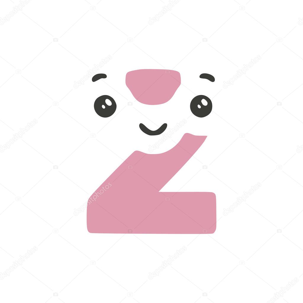 Number 2 cute kawaii character isolated on white background, vector clip art.