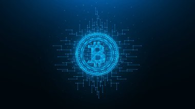 Mavi arka planda Bitcoin çokgen vektör çizimi. Kripto para birimi düşük poli tasarımı