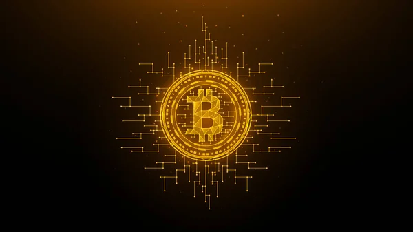 Koyu arkaplanda Altın Bitcoin çokgen vektör çizimi. Kripto para birimi düşük poli tasarımı