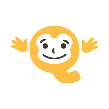 Beyaz arkaplanda elleri izole edilmiş Q harfi komik karakter