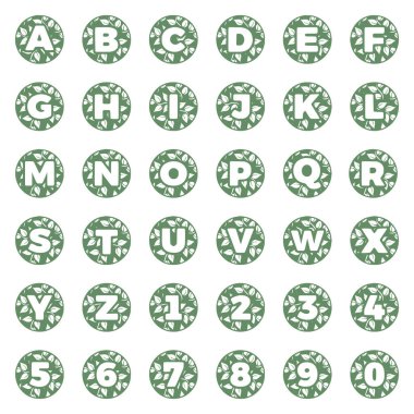 Yuvarlak yapraklı harf ve sayılar dizisi, alfabede doğal el yazısı baş harfleri çizilmiş.