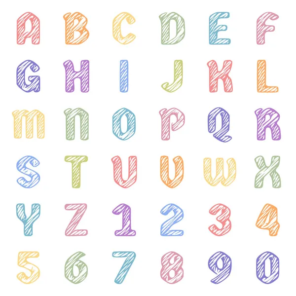 Ensemble Lettres Chiffres Colorés Dans Style Doodle Scribble Alphabet Clipart — Image vectorielle