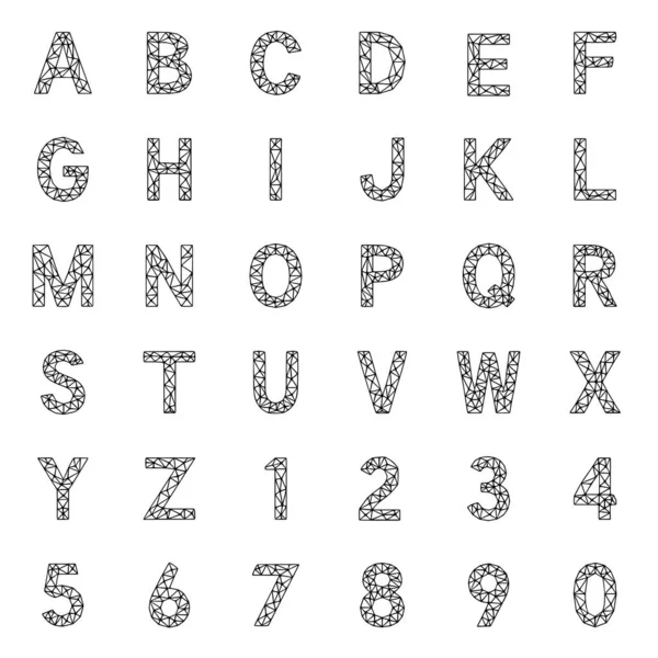 多角形の文字と数字のセット 線で作られたアルファベット — ストックベクタ