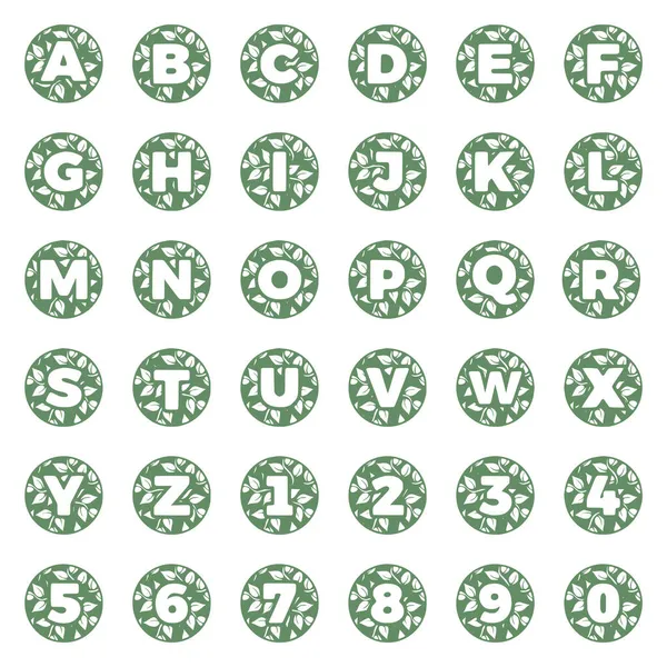 丸みを帯びた葉を持つ文字や数字のセット アルファベット自然手描きのモノグラムイニシャル — ストックベクタ