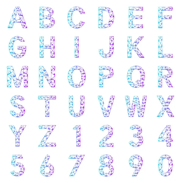 Ensemble Lettres Chiffres Dégradé Violet Bleu Alphabet Décoratif Art Vectoriel — Image vectorielle