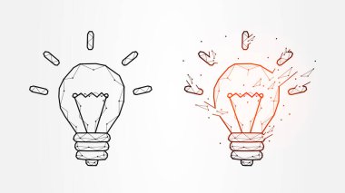 Bir ampul, fikir, ilham veya çözüm konsepti, ampul patlaması yaratıcı afiş veya şablon çokgen vektör çizimi.