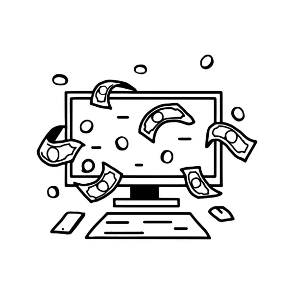 Computador Monitor Dinheiro Doodle Ilustração Ilustração Vetorial —  Vetores de Stock