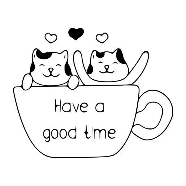 快乐的猫在杯子里涂鸦图标 玩得开心 白色背景下可爱宠物病媒艺术 — 图库矢量图片