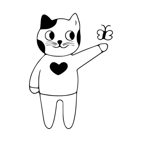 Niedliche Katze Und Schmetterling Doodle Symbol Niedliche Haustiere Vektorgrafik Auf — Stockvektor