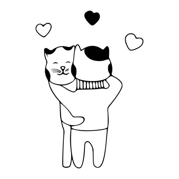 两只恋爱中的猫抱着涂鸦图标 白色背景下可爱宠物病媒艺术 — 图库矢量图片