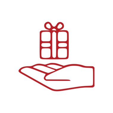 Beyaz arkaplanda el ve hediye ana hatları simgesi izole